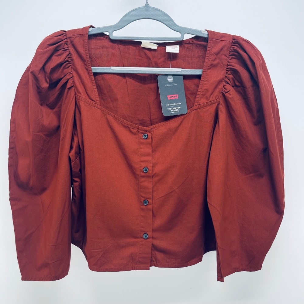 Levi’s Women’s Ellora Fired Brick Puff Sleeve Button Up Blouse Brown Size L - Picture 2 of 12